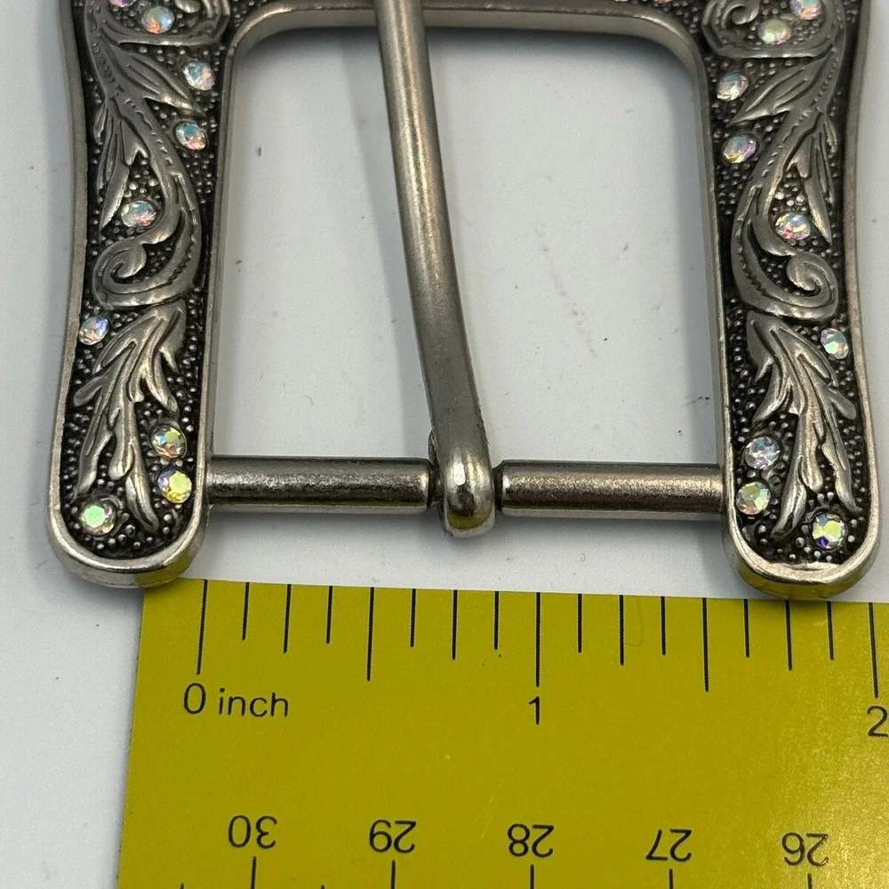 Western Floral Engraved Silver Tone Belt Buckle Iridescent Rhinestones‎